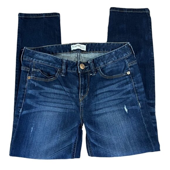 Express Modern Boyfriend Relaxed Fit Low Rise Jeans Size 0 Dark Wash Distressed - Picture 6 of 9